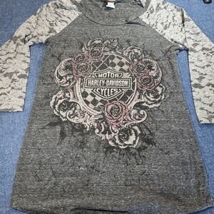 Harley-Davidson Womens Gray Sleeve Graphic Raglan T-Shirt Roses Small Finks 2017